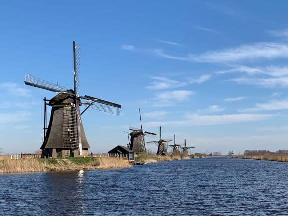 Windmolens in Nederland; een rij van historische windmolens strekt zich uit langs de waterkant in Kinderdijk, Nederland, onder een heldere blauwe hemel, wat een typisch Nederlands landschap vormt.