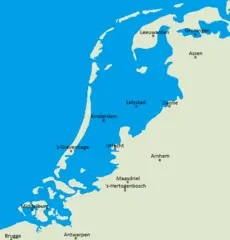 Landkaart met overzicht welk deel van Nederland onder water zal komen te staan als de dijken breken