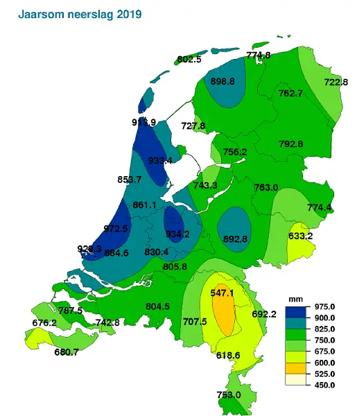 Landkaart van Nederland met de hoeveelheden gevallen regen in mm.